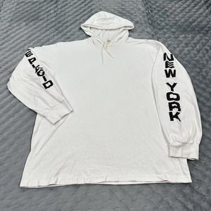 VINTAGE Lake Placid Shirt Men XL Single Stitch White Long Sleeve Hooded Pullover